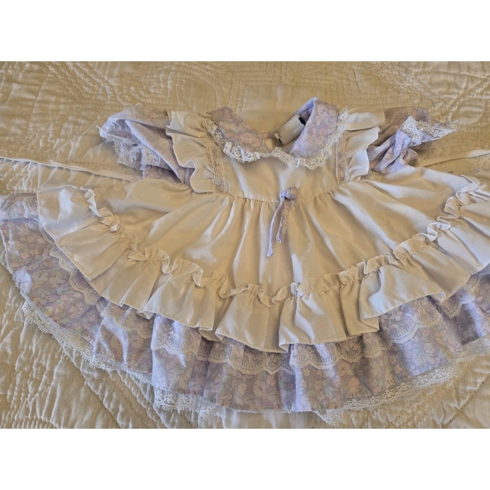 Vintage Fayette Purple Floral White Pinafore Baby Dress 6 Month Ruffle 80s Lace